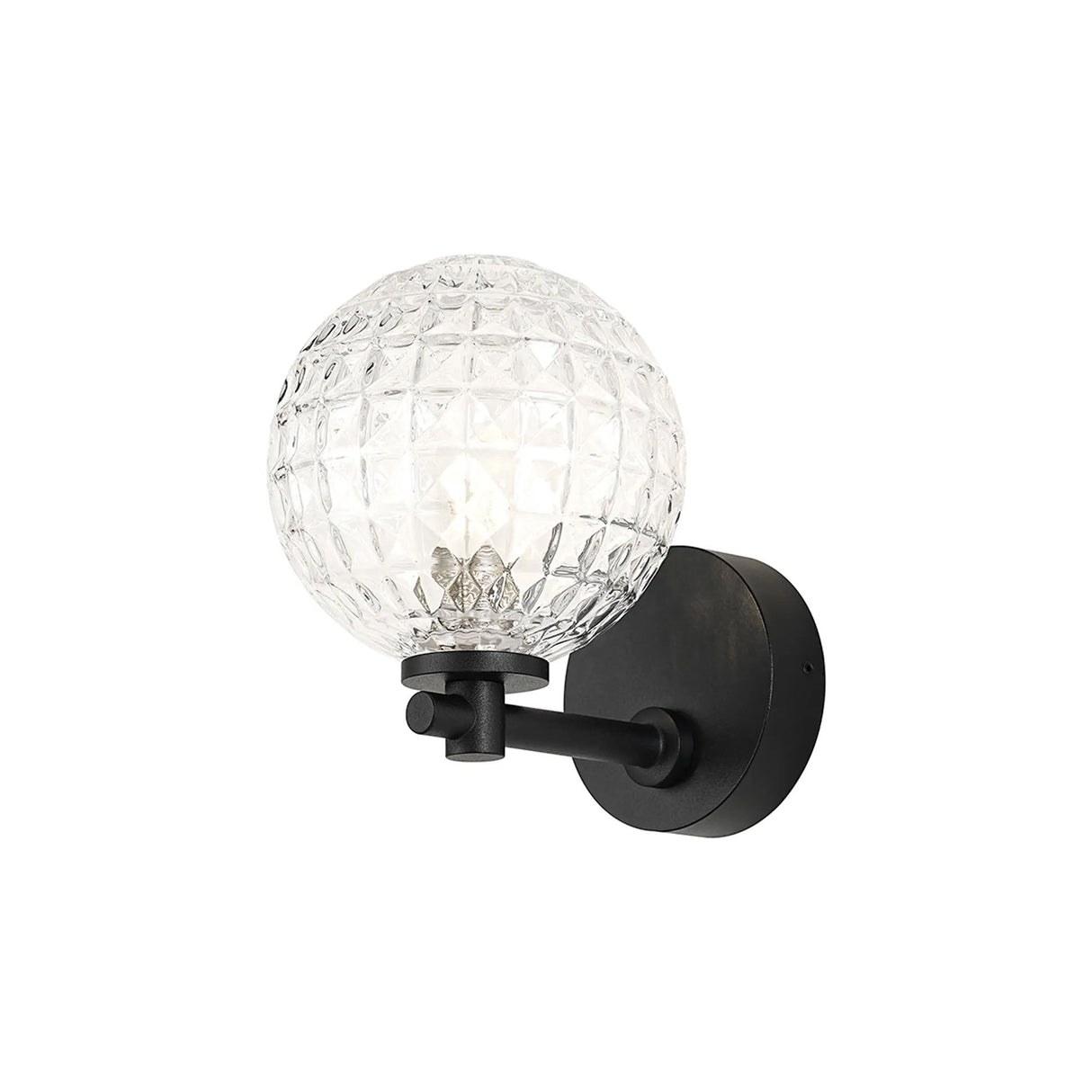 Whitley Short Arm Wall Lamp 1 Light IP44 Satin Black/Clear Cross Pattern Round Glass