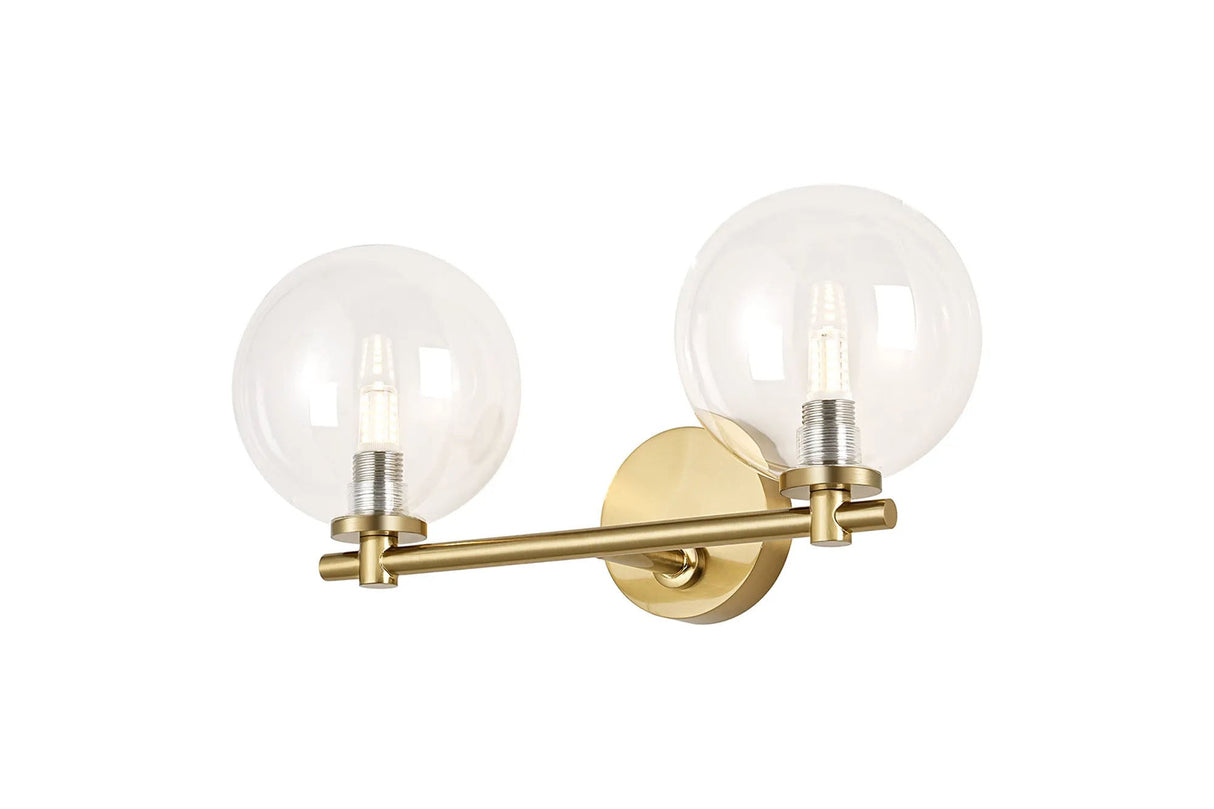 Whitley Short Arm Wall Lamp 2 Light IP44 Brass Gold/Clear Smooth Round Glass