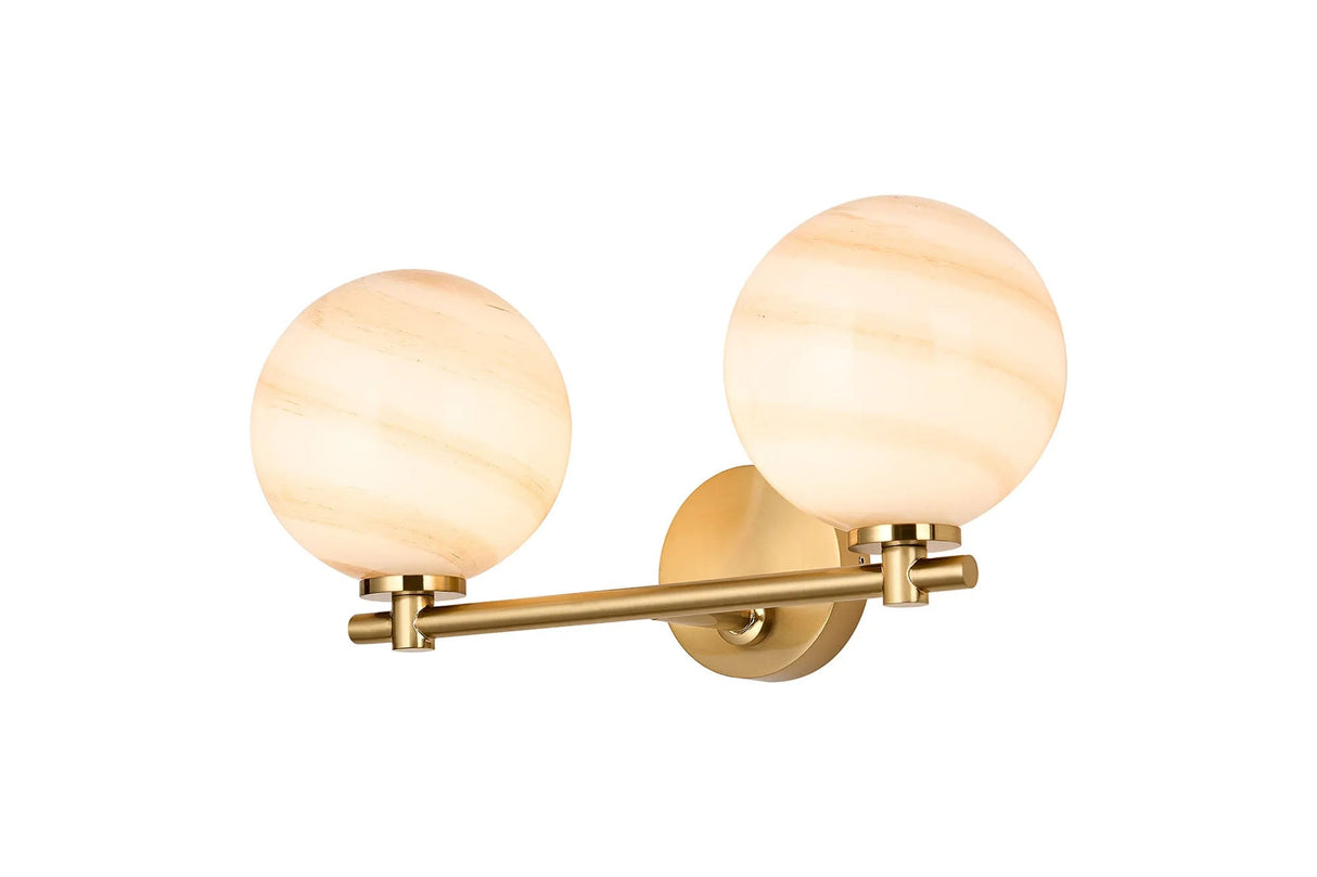 Whitley Short Arm Wall Lamp 2 Light IP44 Brass Gold/Brown Round Marble Effect Glass