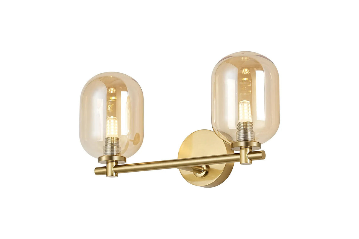 Whitley Short Arm Wall Lamp 2 Light IP44 Brass Gold/Amber Smooth Tubular Glass