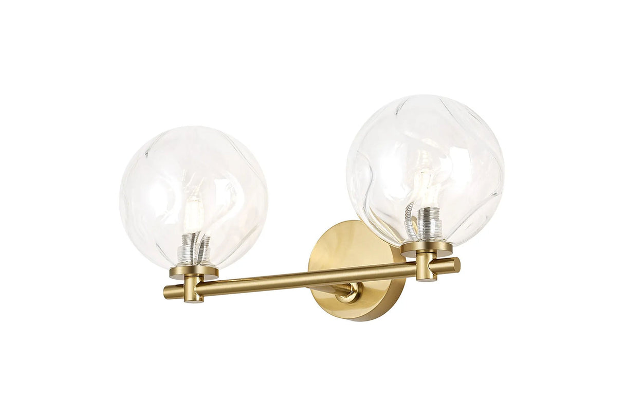 Whitley Short Arm Wall Lamp 2 Light IP44 Brass Gold/Clear Waved Round Glass