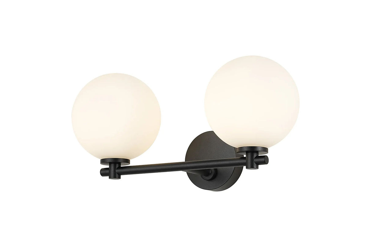 Whitley Short Arm Wall Lamp 2 Light IP44 Satin Black/Opal Smooth Round Glass