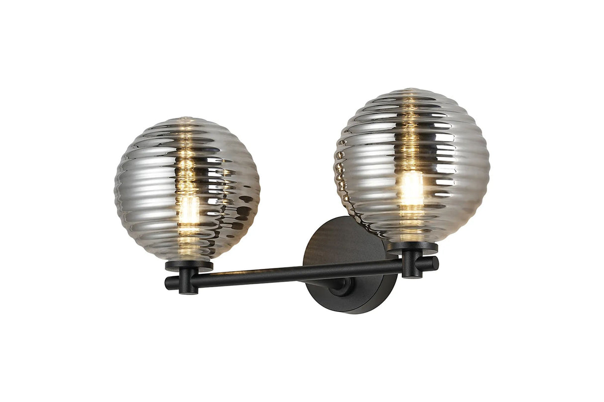 Whitley Short Arm Wall Lamp 2 Light IP44 Satin Black/Smoke Ribbed Round Glass