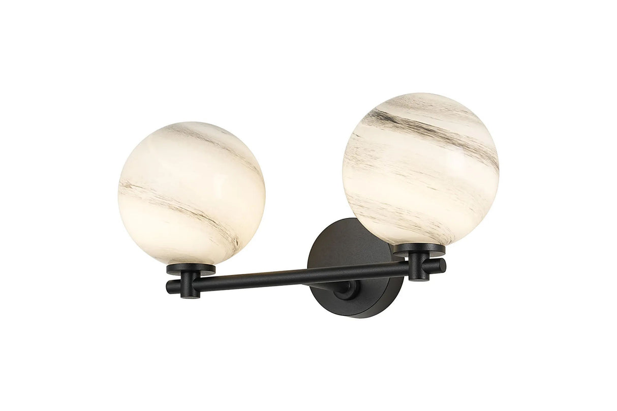 Whitley Short Arm Wall Lamp 2 Light IP44 Satin Black/Grey Round Marble Effect Glass