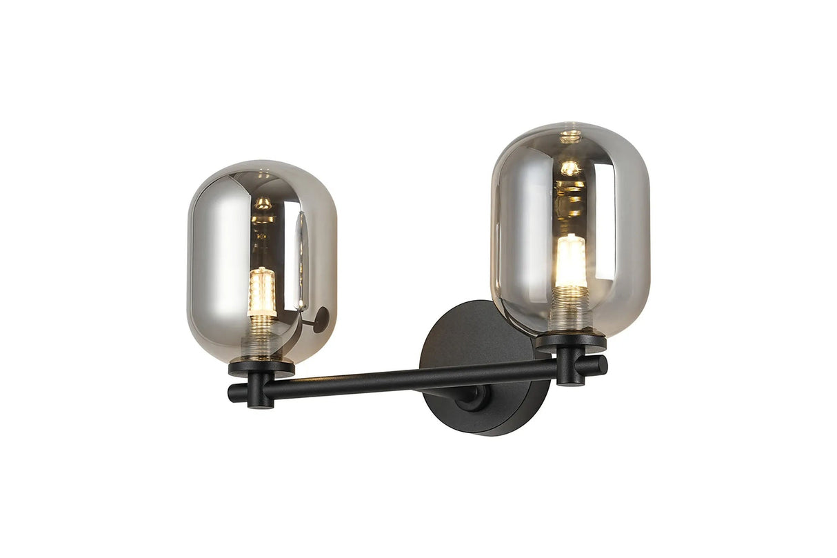 Whitley Short Arm Wall Lamp 2 Light IP44 Satin Black/Smoke Smooth Tubular Glass
