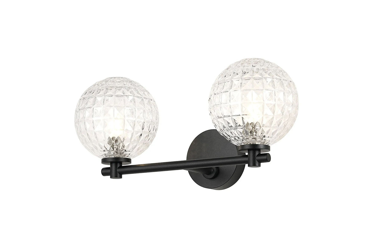 Whitley Short Arm Wall Lamp 2 Light IP44 Satin Black/Clear Cross Pattern Round Glass