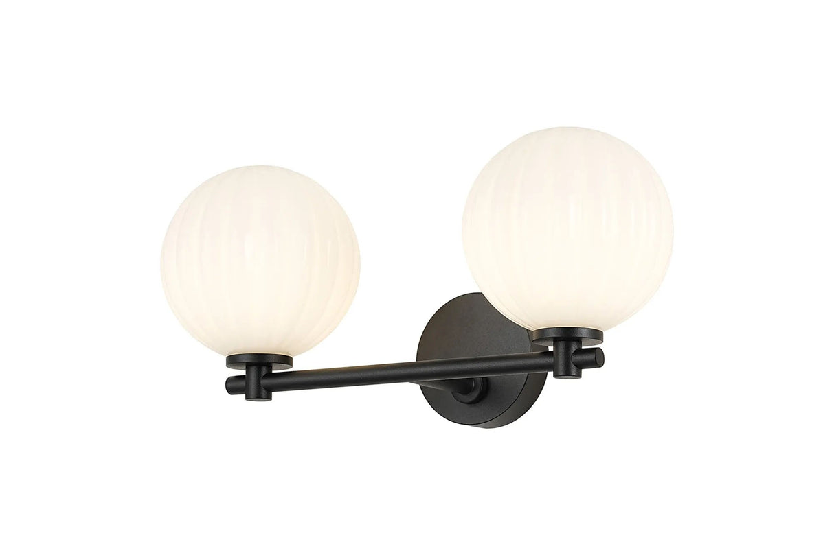 Whitley Short Arm Wall Lamp 2 Light IP44 Satin Black/Opal Round Segment Glass