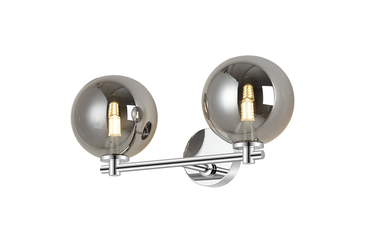 Whitley Short Arm Wall Lamp 2 Light IP44 Polished Chrome/Smoke Smooth Round Glass