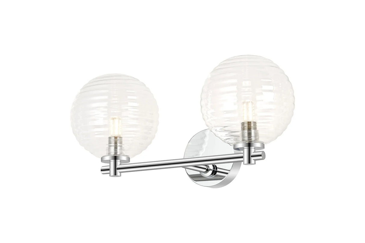 Whitley Short Arm Wall Lamp 2 Light IP44 Polished Chrome/Clear Ribbed Round Glass