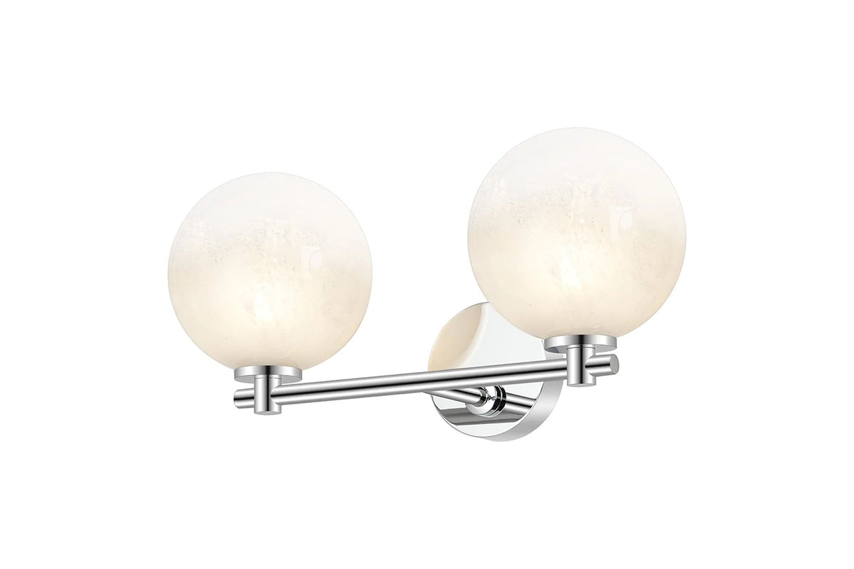 Whitley Short Arm Wall Lamp 2 Light IP44 Polished Chrome/White Two-Tone Snow Specks Round Glass
