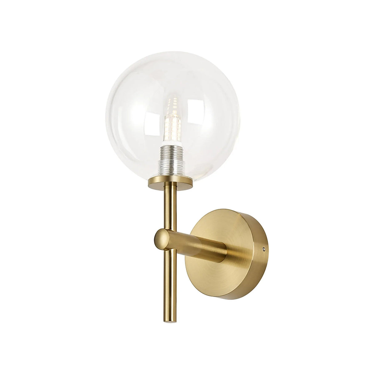Whitley Medium Arm Wall Lamp 1 Light IP44 Brass Gold/Clear Smooth Round Glass