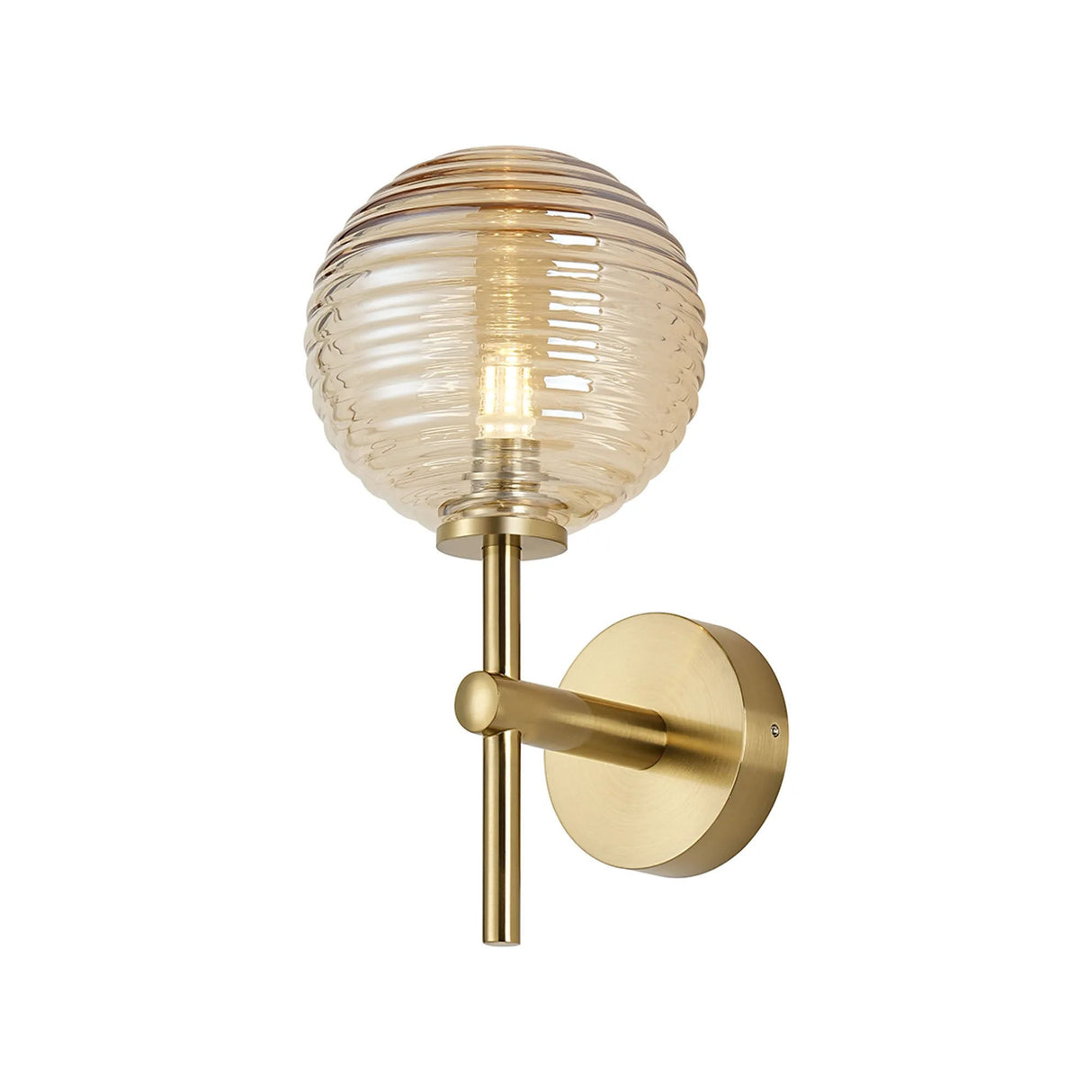 Whitley Medium Arm Wall Lamp 1 Light IP44 Brass Gold/Amber Ribbed Round Glass