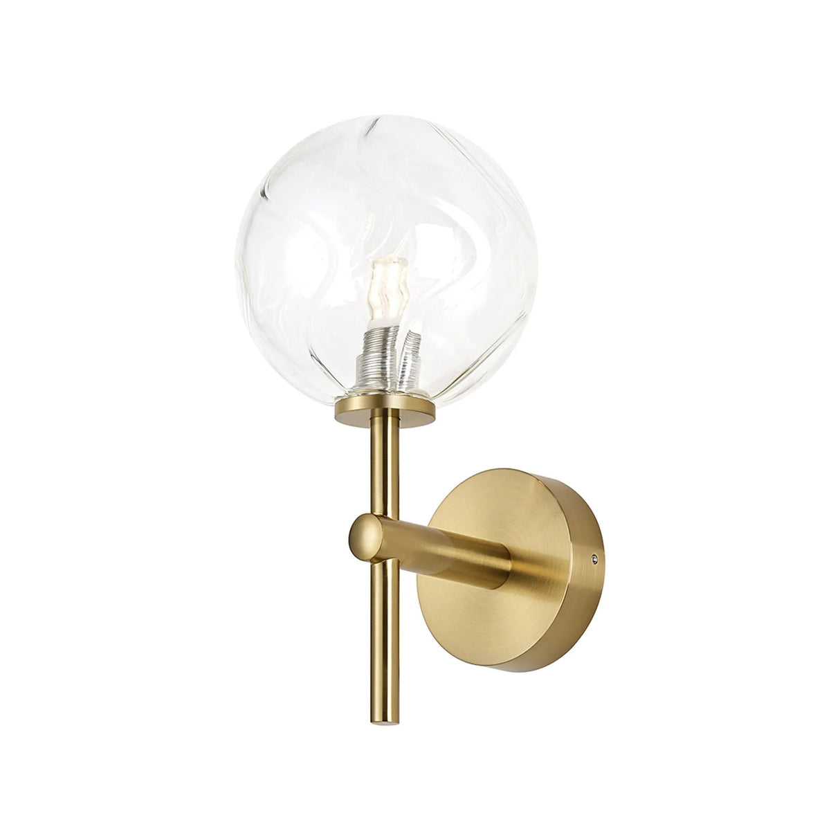 Whitley Medium Arm Wall Lamp 1 Light IP44 Brass Gold/Clear Waved Round Glass