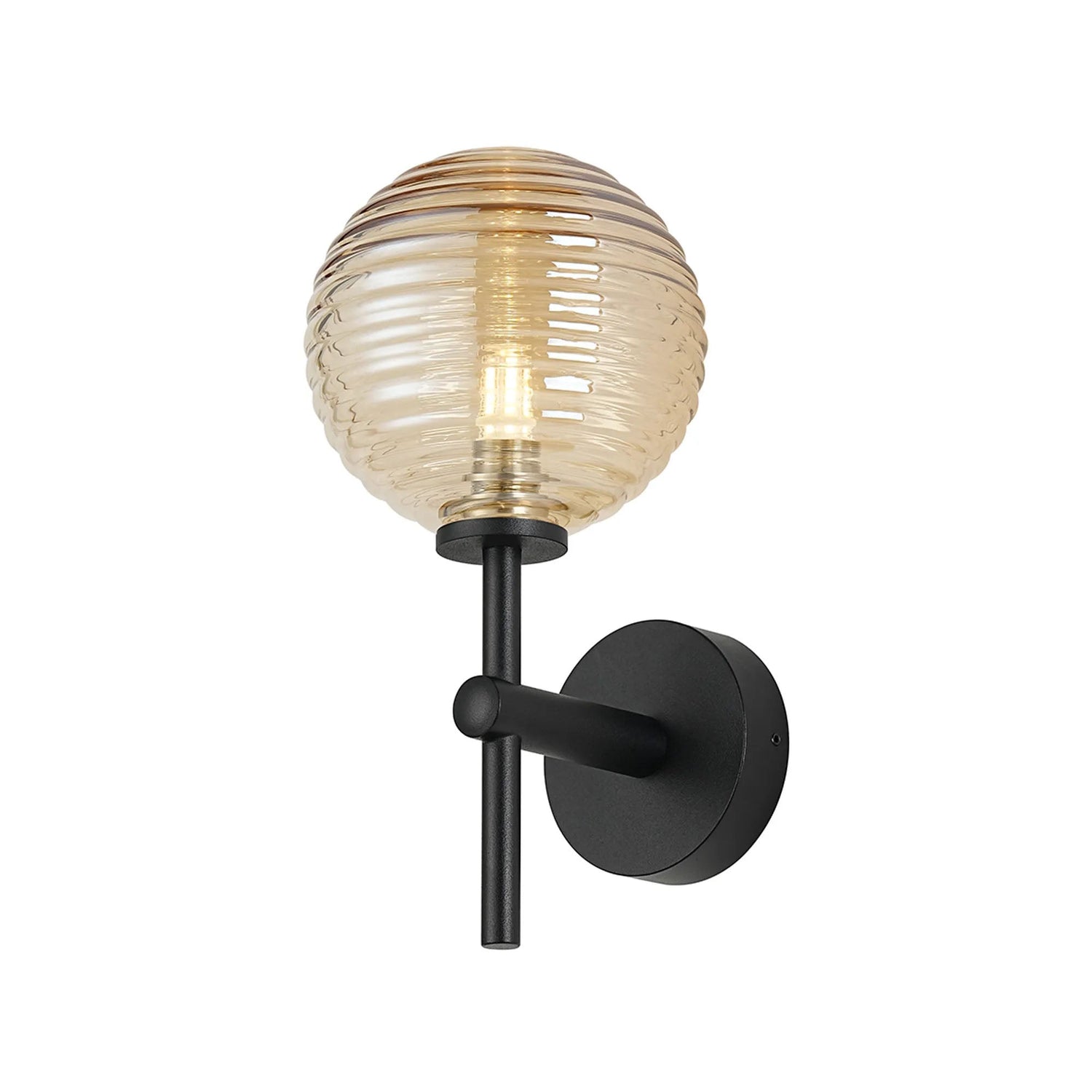 Whitley Medium Arm Wall Light, 1 Light G9, IP44, Satin Black/Amber Ribbed Round Glass