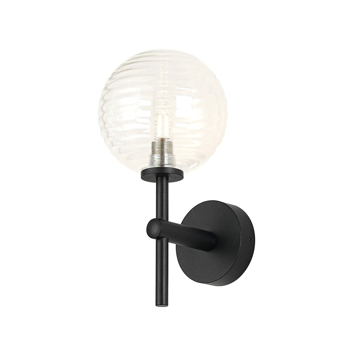 Whitley Medium Arm Wall Light, 1 Light G9, IP44, Satin Black/Clear Ribbed Round Glass
