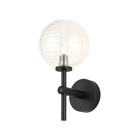 Whitley Medium Arm Wall Light, 1 Light G9, IP44, Satin Black/Clear Ribbed Round Glass