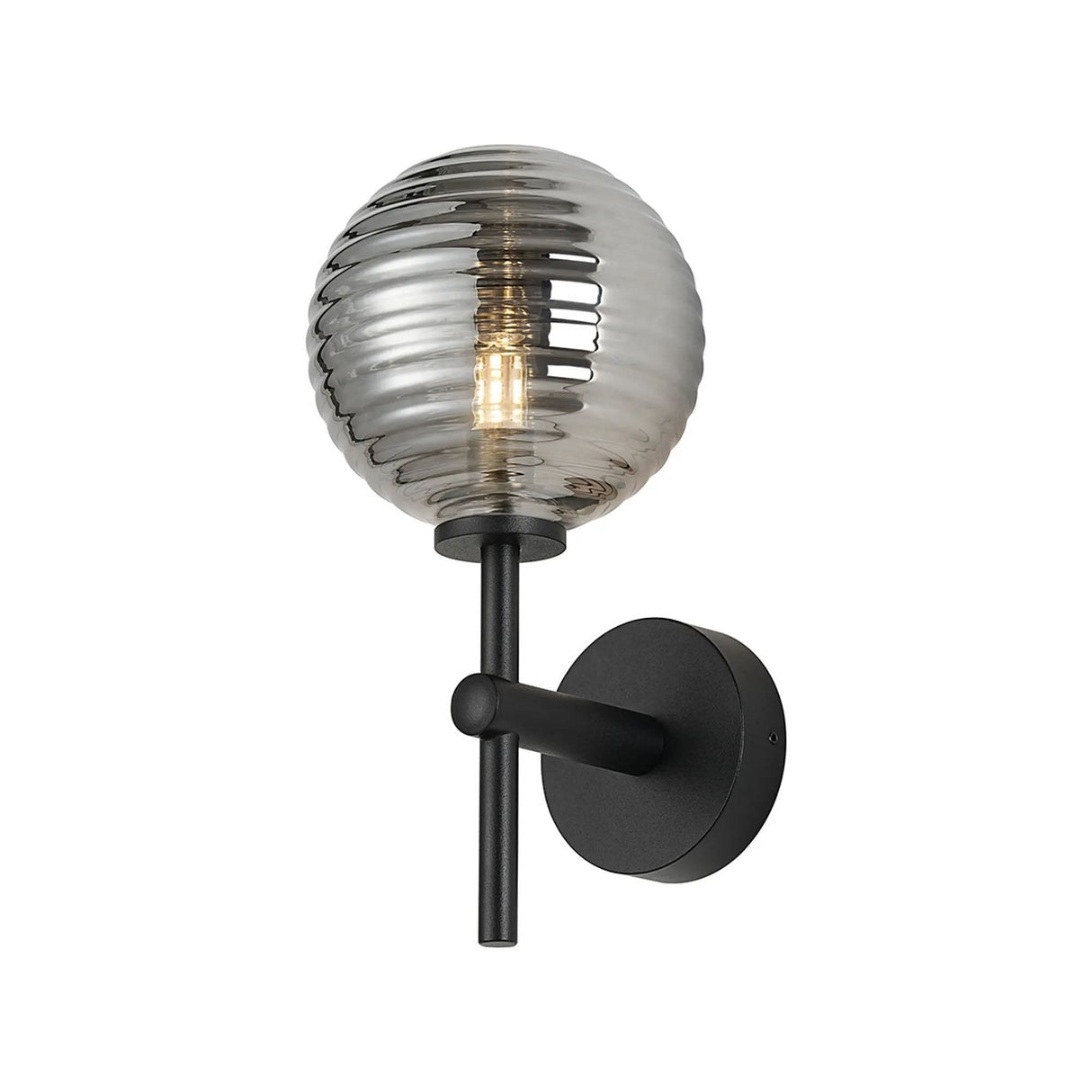 Whitley Medium Arm Wall Lamp 1 Light IP44 Satin Black/Smoke Ribbed Round Glass
