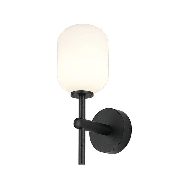 Whitley Medium Arm Wall Light, 1 Light G9, IP44, Satin Black/Opal Smooth Tubular Glass