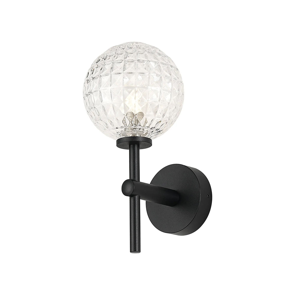 Whitley Medium Arm Wall Lamp 1 Light IP44 Satin Black/Clear Cross Pattern Round Glass