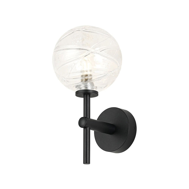 Whitley Medium Arm Wall Light, 1 Light G9, IP44, Satin Black/Clear Dune Effect Round Glass