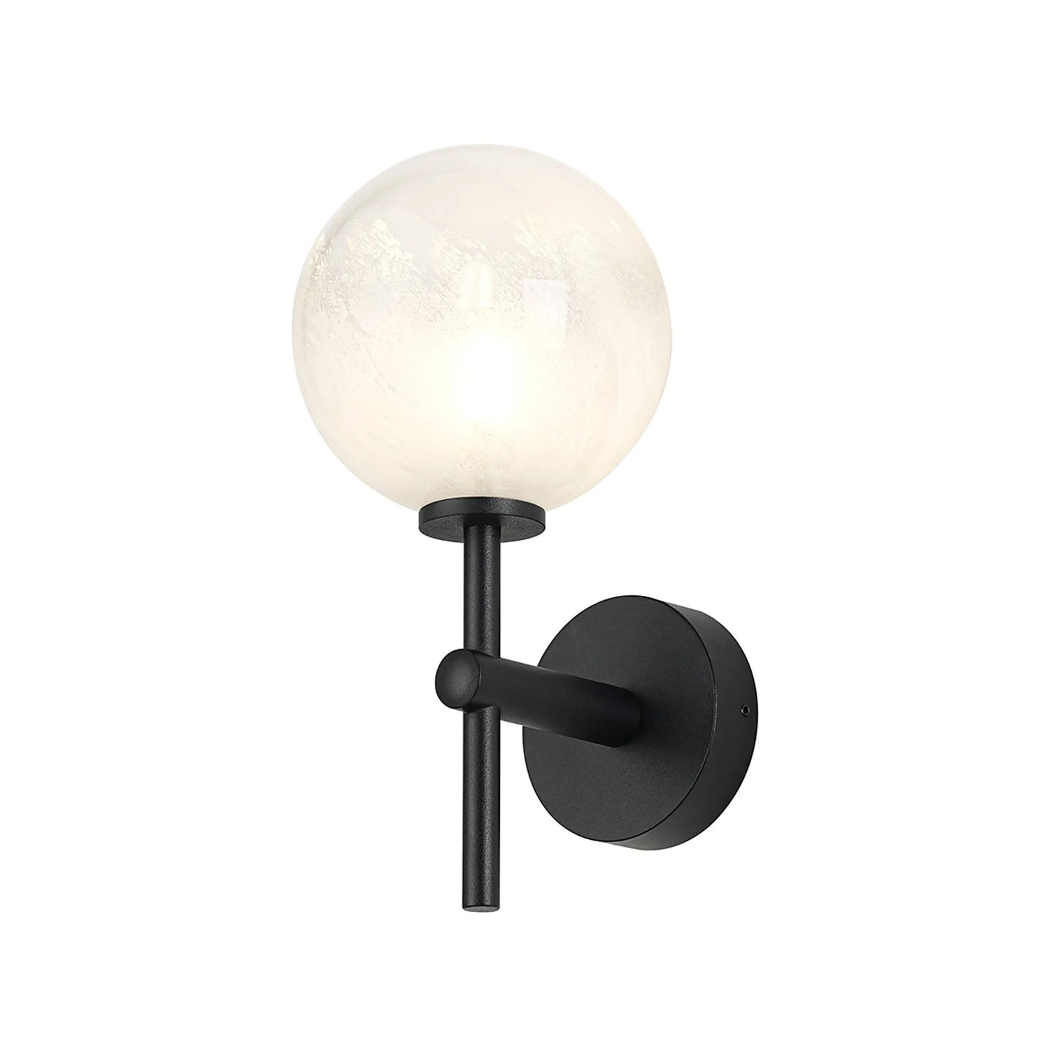 Whitley Medium Arm Wall Light, 1 Light G9, IP44, Satin Black/White/Clear Two-Tone Snow Specks Round Glass