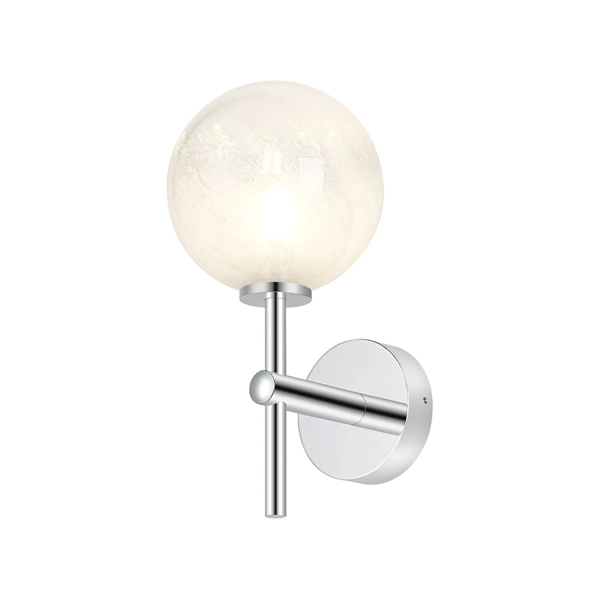 Whitley Medium Arm Wall Lamp 1 Light IP44 Polished Chrome/White Two-Tone Snow Specks Round Glass