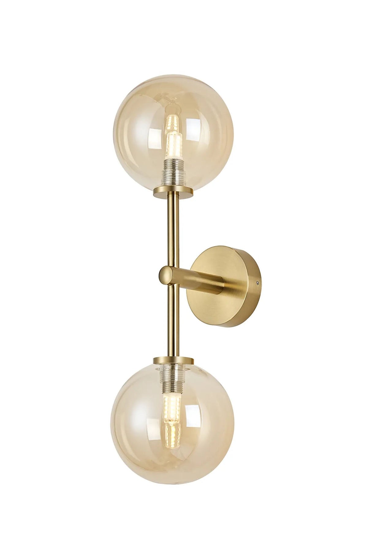 Whitley Medium Arm Wall Lamp 2 Light IP44 Brass Gold/Amber Smooth Round Glass