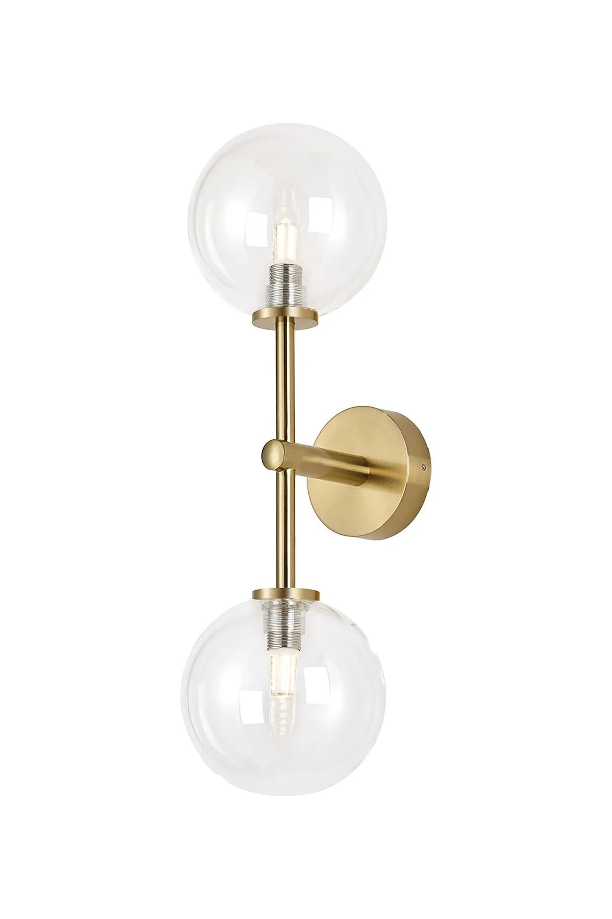 Whitley Medium Arm Wall Lamp 2 Light IP44 Brass Gold/Clear Smooth Round Glass