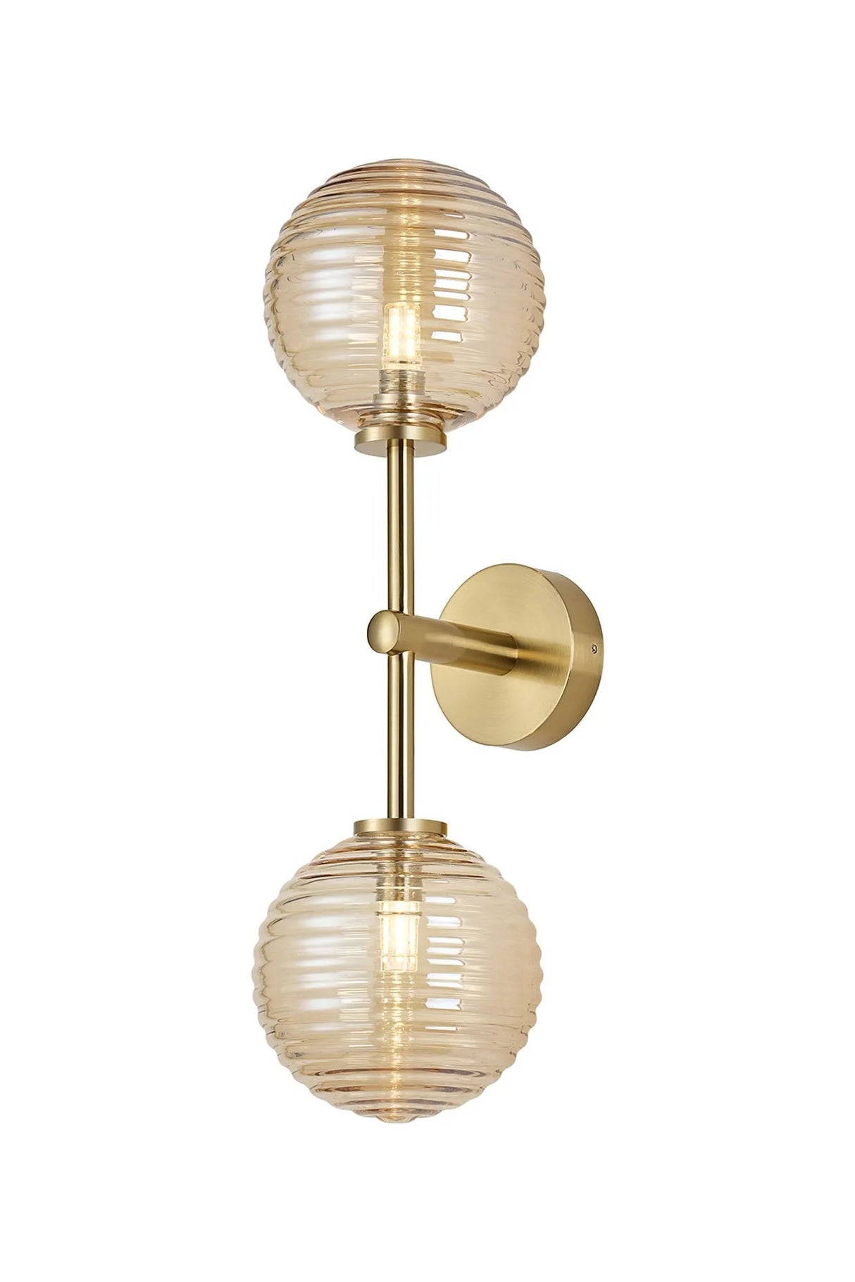 Whitley Medium Arm Wall Lamp 2 Light IP44 Brass Gold/Amber Ribbed Round Glass