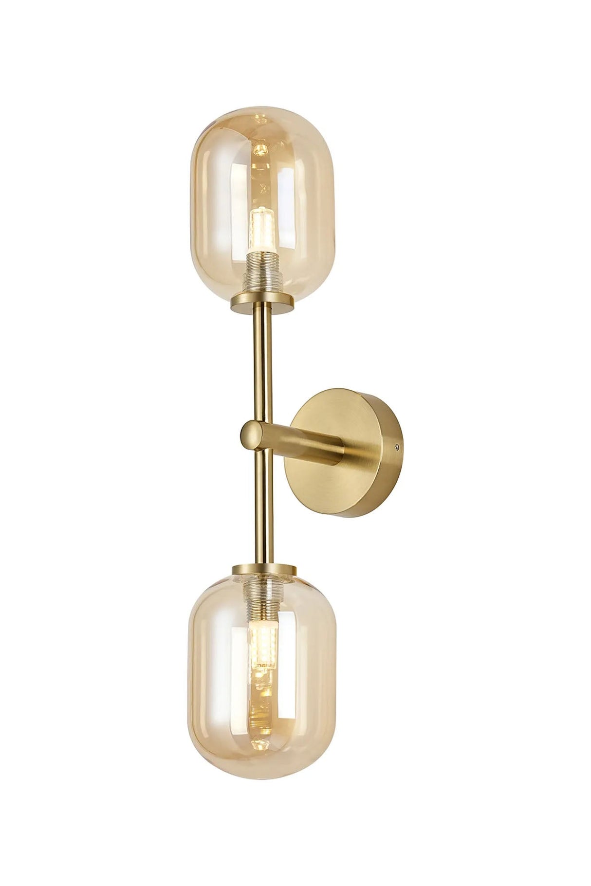Whitley Medium Arm Wall Lamp 2 Light IP44 Brass Gold/Amber Smooth Tubular Glass