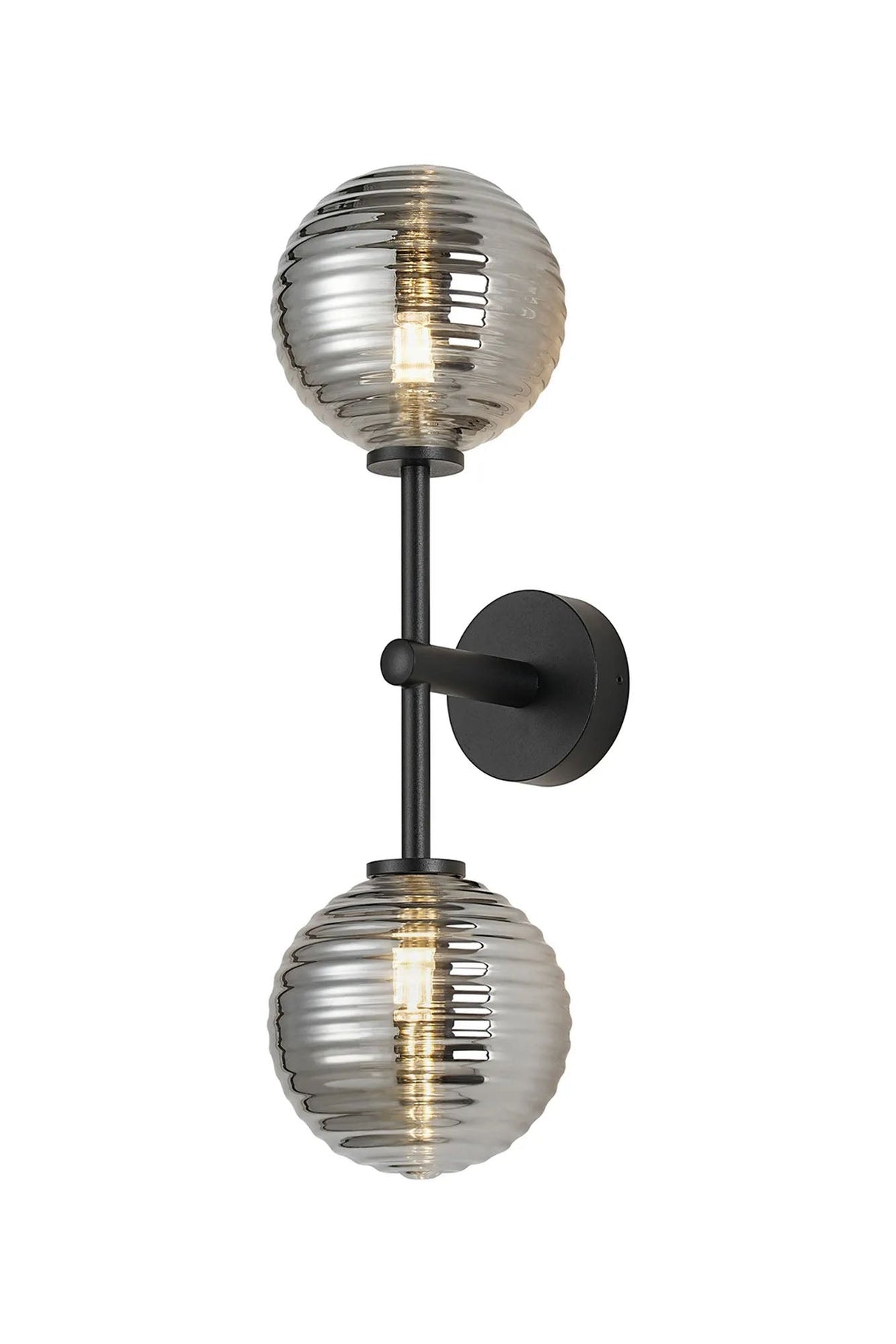Whitley Medium Arm Wall Lamp 2 Light IP44 Satin Black/Smoke Ribbed Round Glass