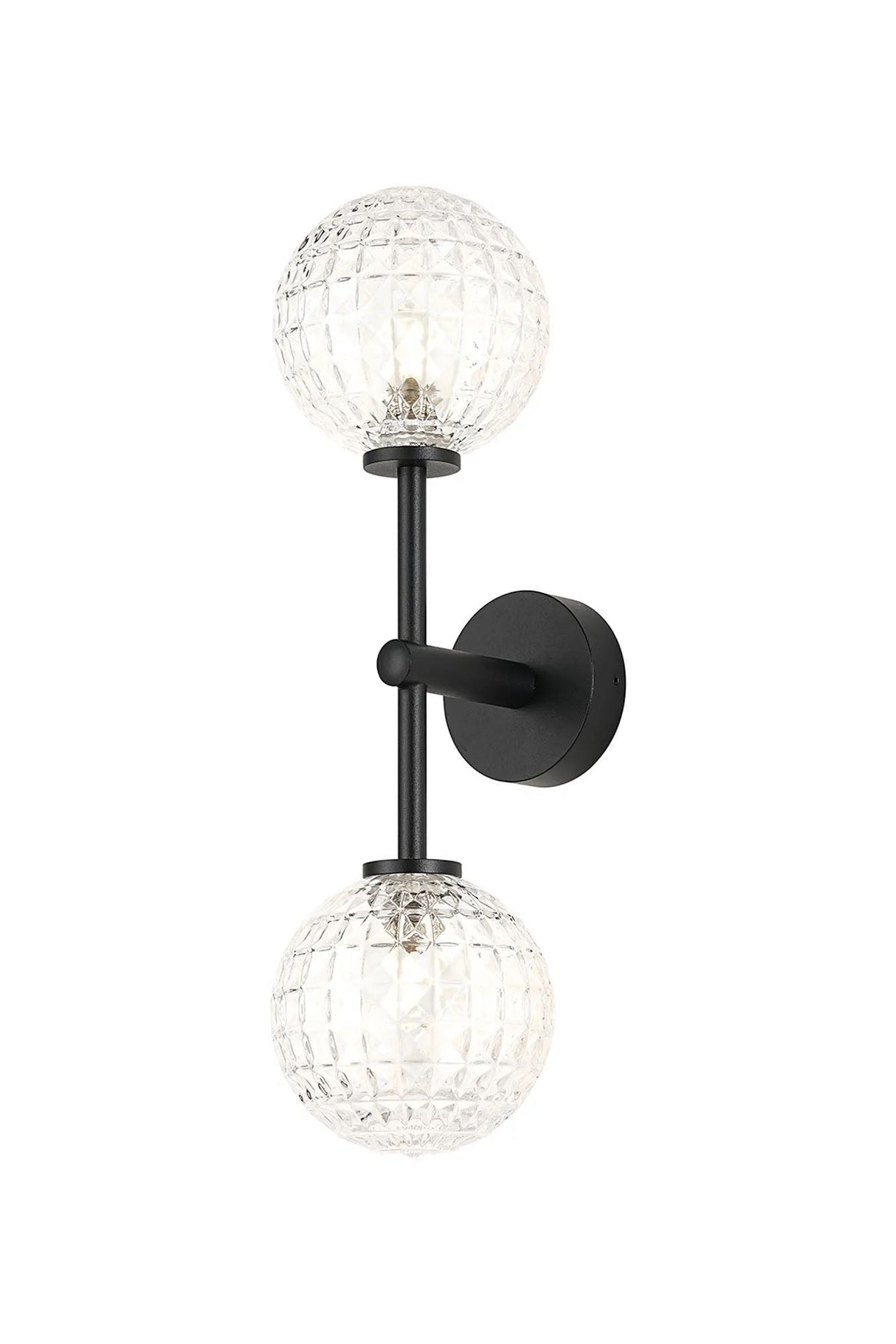 Whitley Medium Arm Wall Lamp 2 Light IP44 Satin Black/Clear Cross Pattern Round Glass