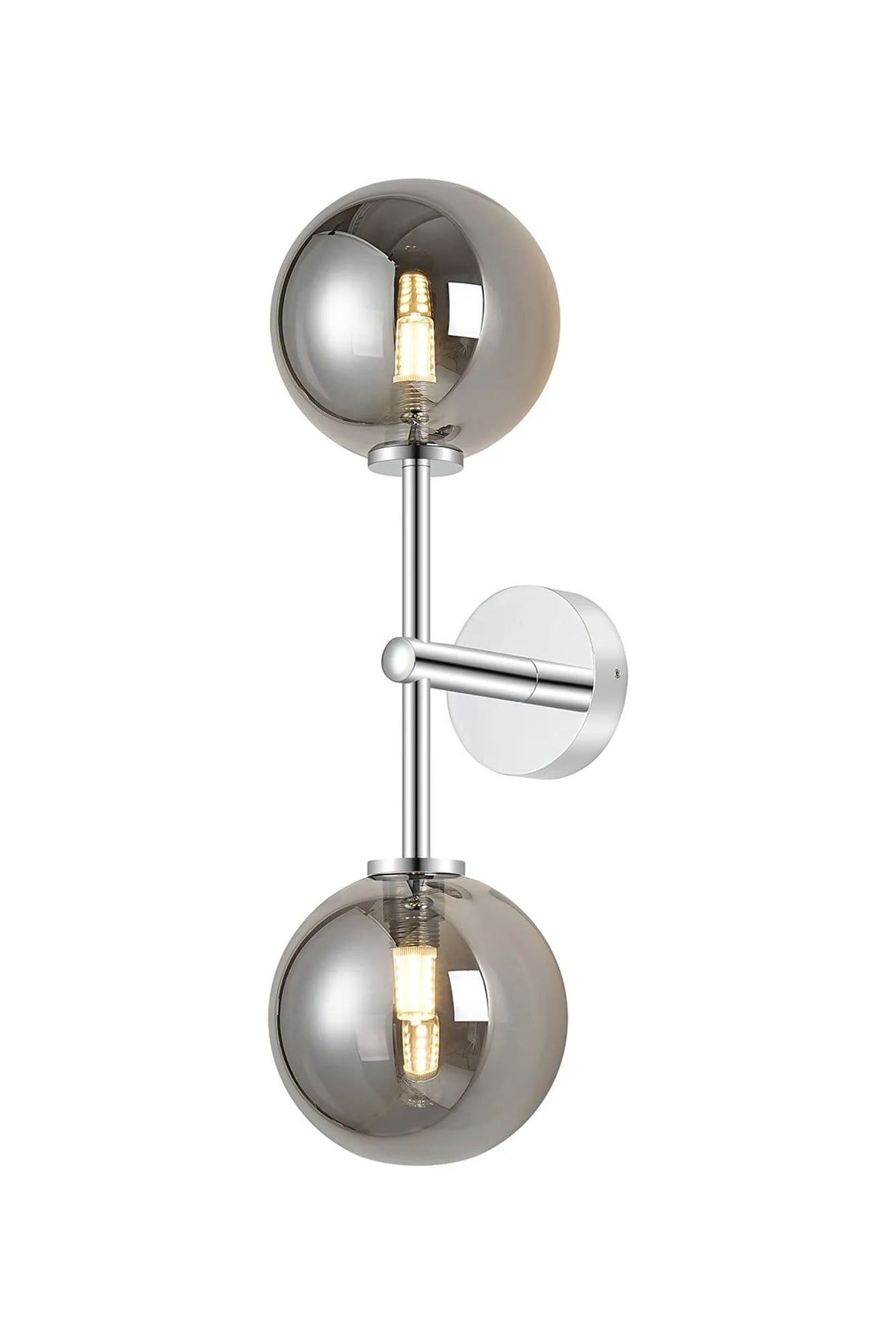 Whitley Medium Arm Wall Lamp 2 Light IP44 Polished Chrome/Smoke Smooth Round Glass