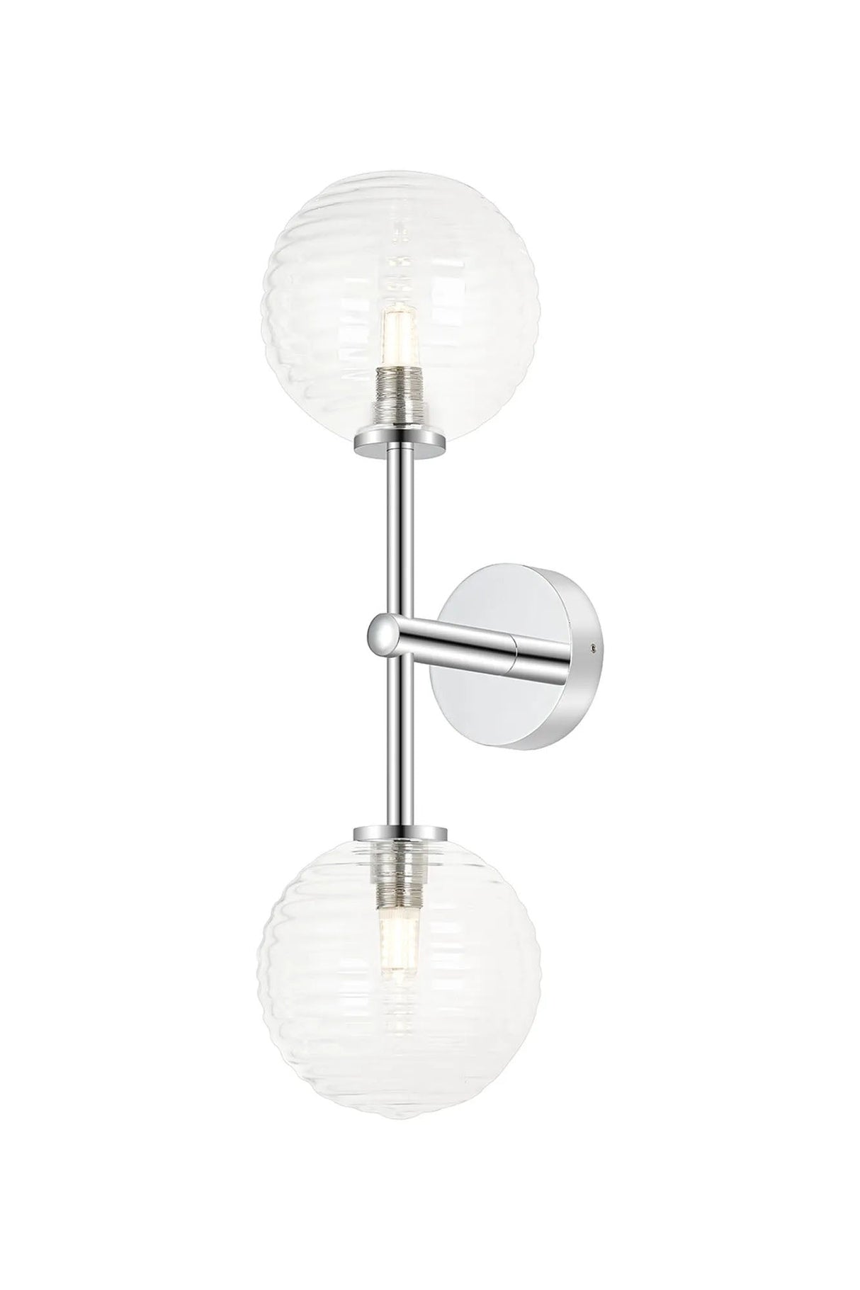 Whitley Medium Arm Wall Lamp 2 Light IP44 Polished Chrome/Clear Ribbed Round Glass