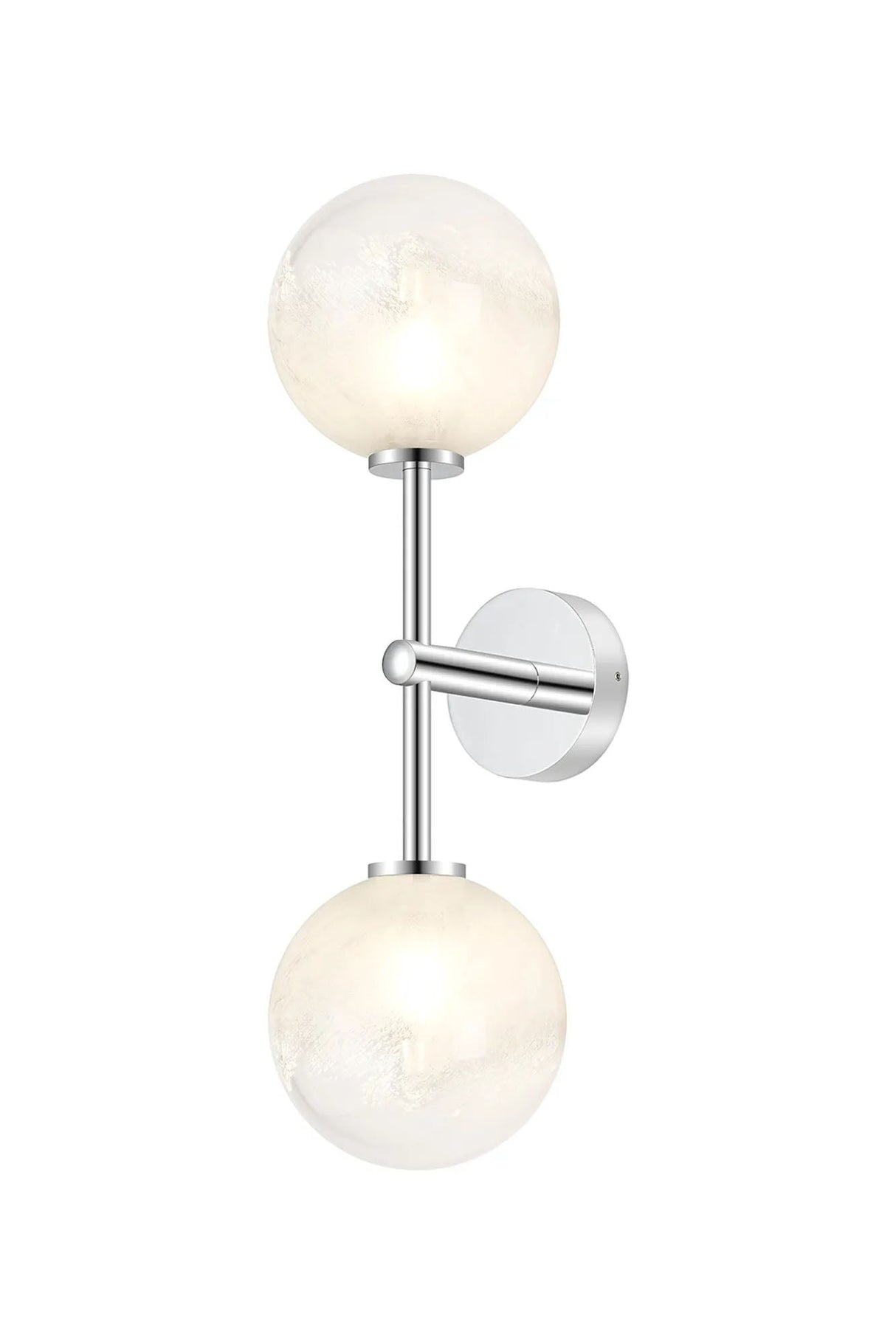 Whitley Medium Arm Wall Lamp 2 Light IP44 Polished Chrome/White Two-Tone Snow Specks Round Glass