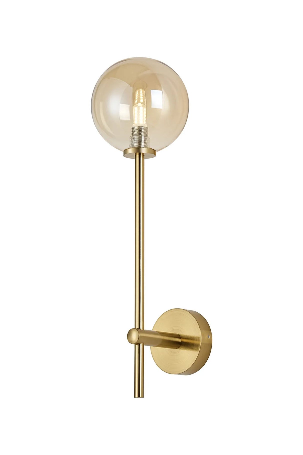 Whitley Tall Arm Wall Lamp 1 Light IP44 Brass Gold/Amber Smooth Round Glass