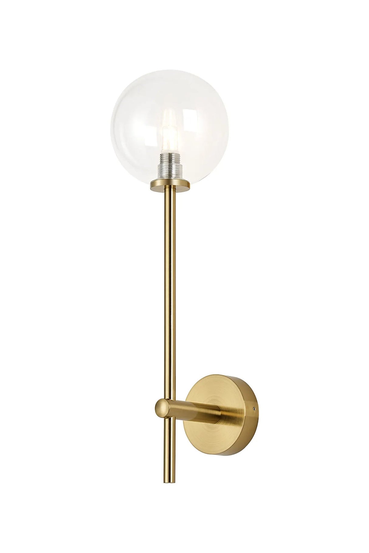 Whitley Tall Arm Wall Lamp 1 Light IP44 Brass Gold/Clear Smooth Round Glass