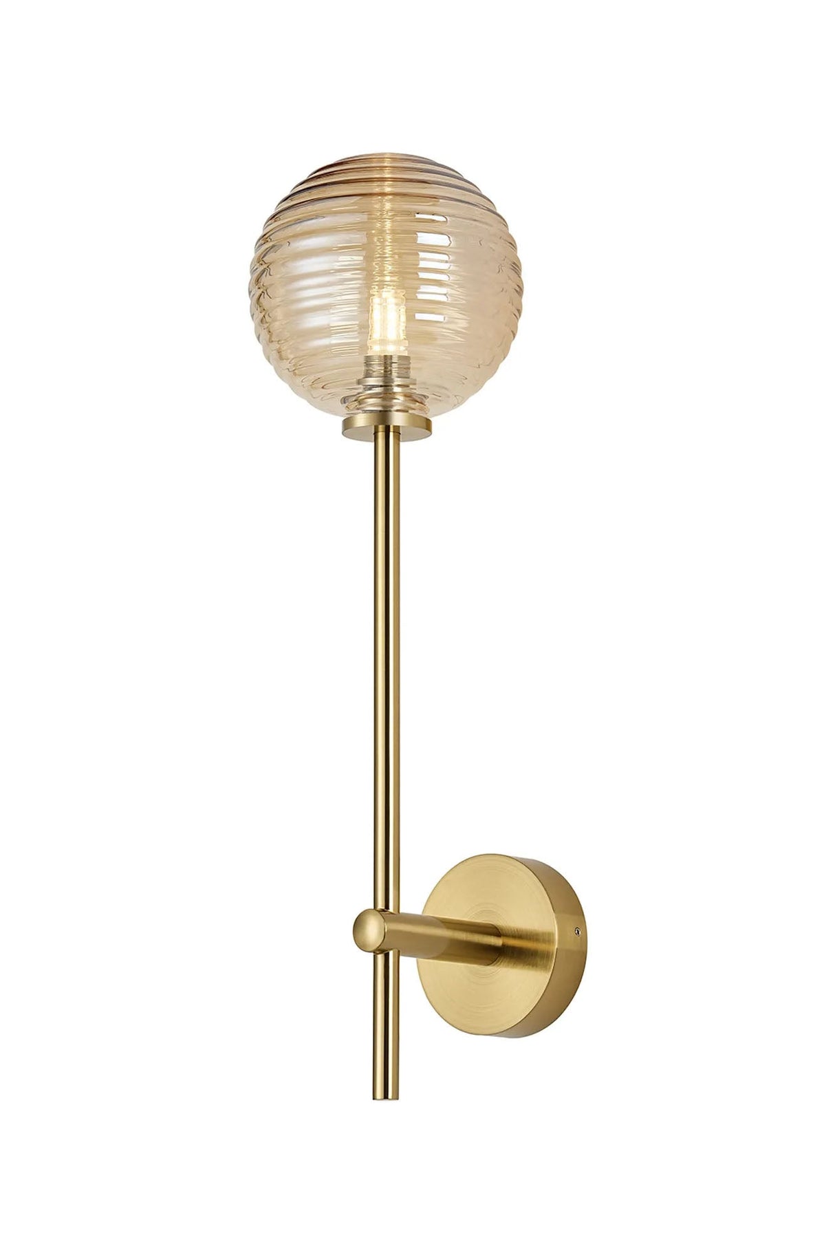 Whitley Tall Arm Wall Lamp 1 Light IP44 Brass Gold/Amber Ribbed Round Glass