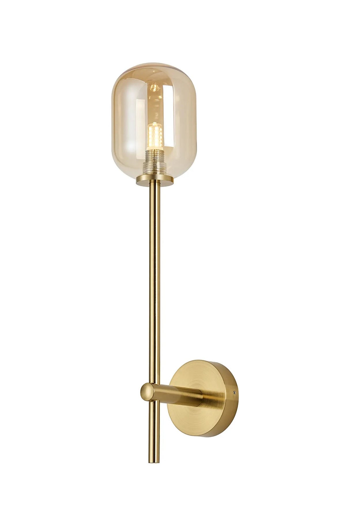 Whitley Tall Arm Wall Lamp 1 Light IP44 Brass Gold/Amber Smooth Tubular Glass