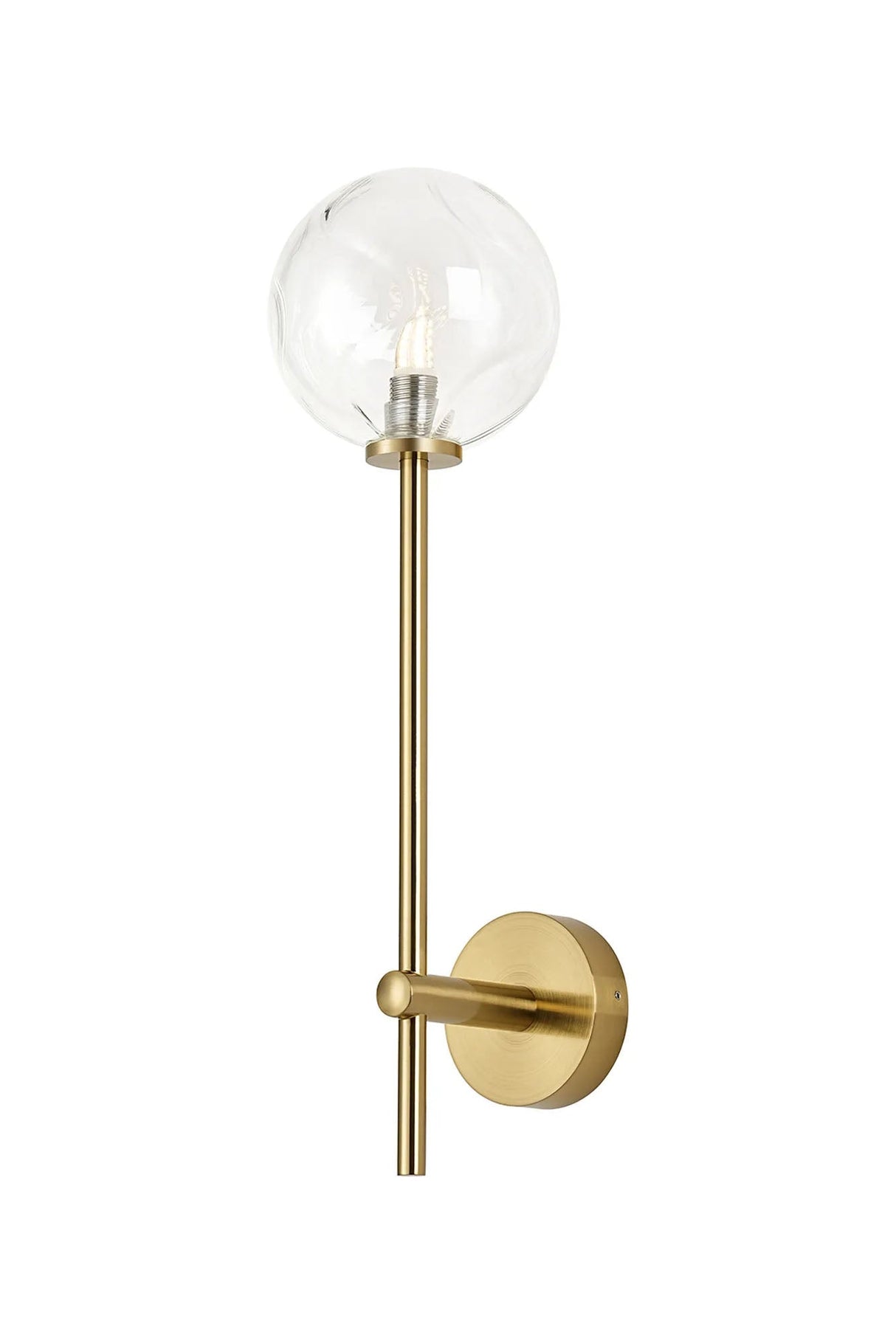 Whitley Tall Arm Wall Lamp 1 Light IP44 Brass Gold/Clear Waved Round Glass
