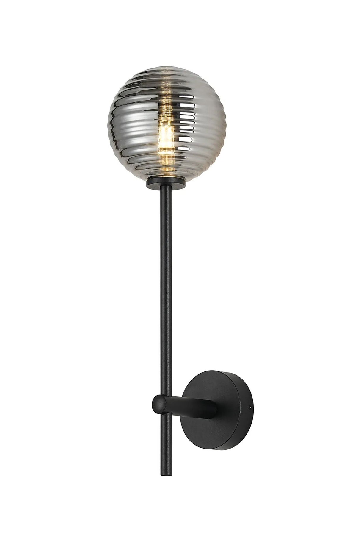 Whitley Tall Arm Wall Lamp 1 Light IP44 Satin Black/Smoke Ribbed Round Glass