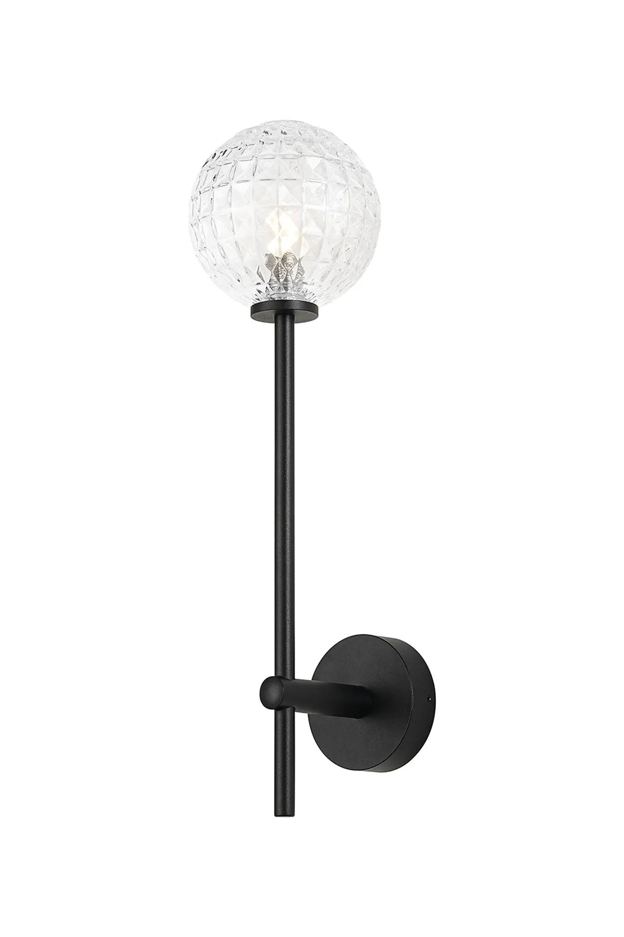 Whitley Tall Arm Wall Lamp 1 Light IP44 Satin Black/Clear Cross Pattern Round Glass