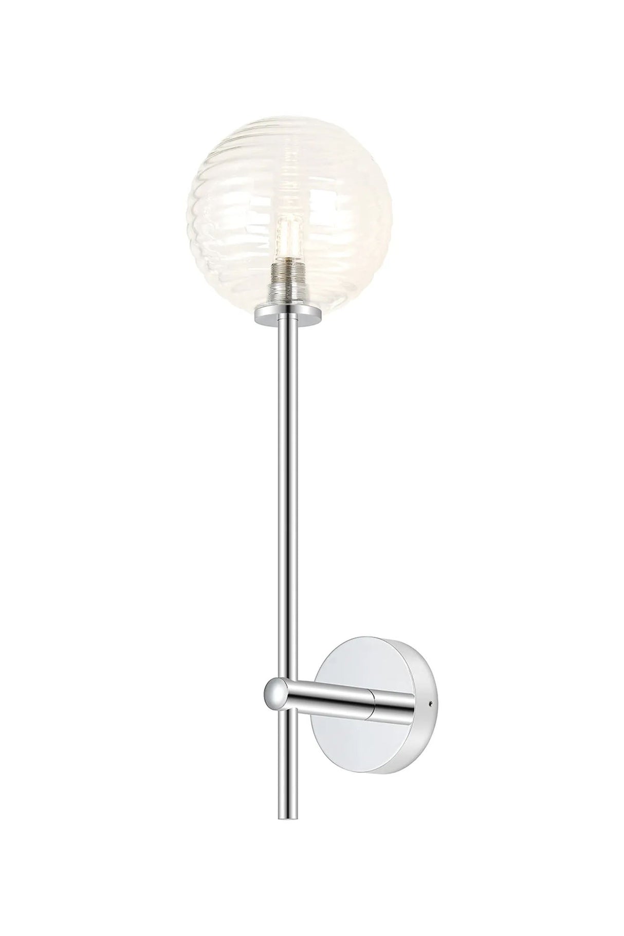Whitley Tall Arm Wall Lamp 1 Light IP44 Polished Chrome/Clear Ribbed Round Glass