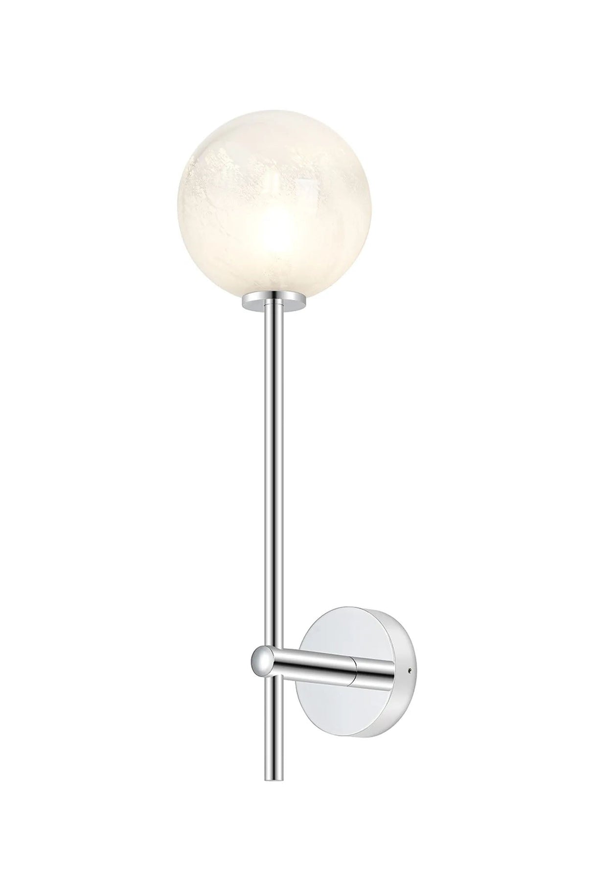 Whitley Tall Arm Wall Lamp 1 Light IP44 Polished Chrome/White Two-Tone Snow Specks Round Glass