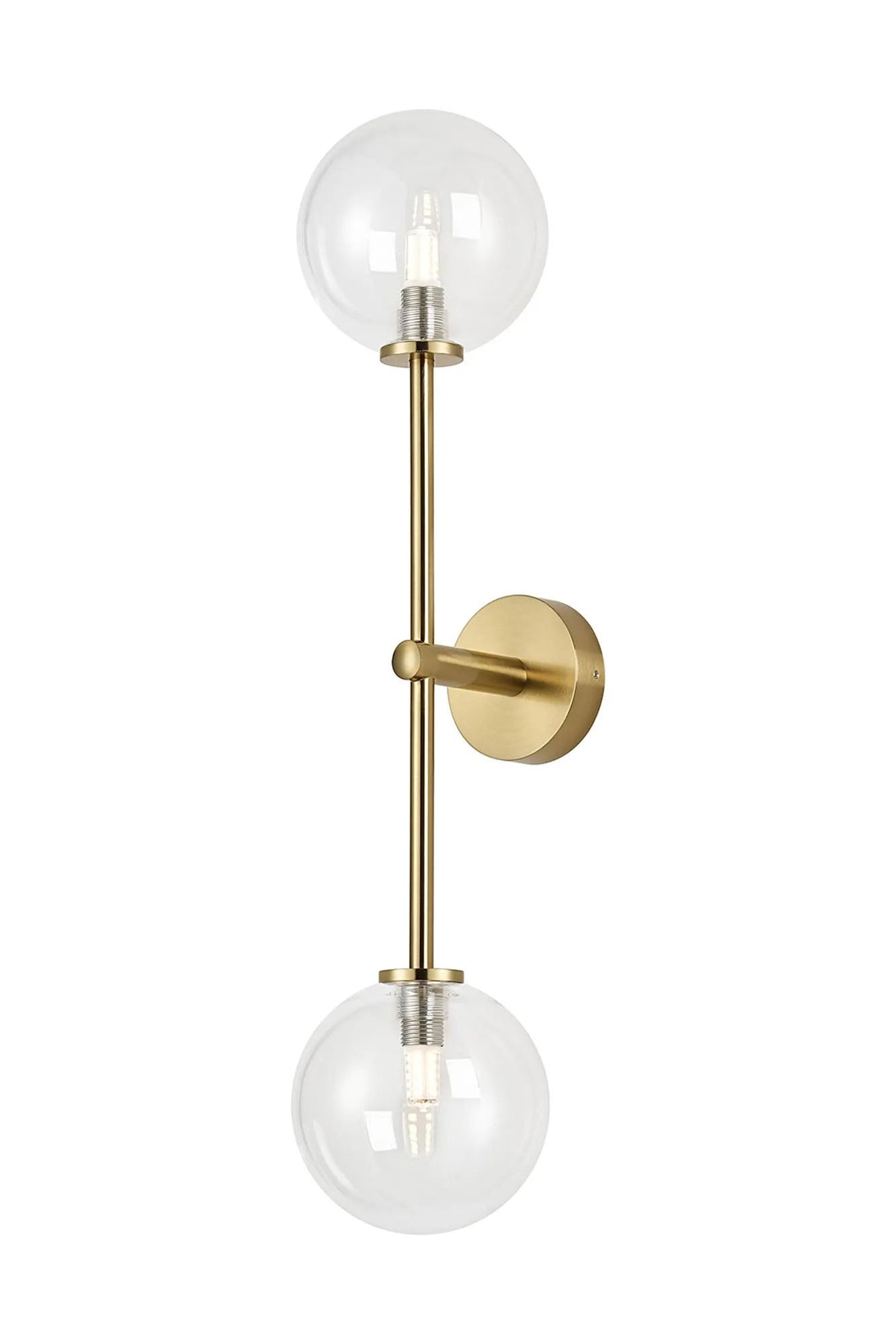 Whitley Tall Arm Wall Lamp 2 Light IP44 Brass Gold/Clear Smooth Round Glass