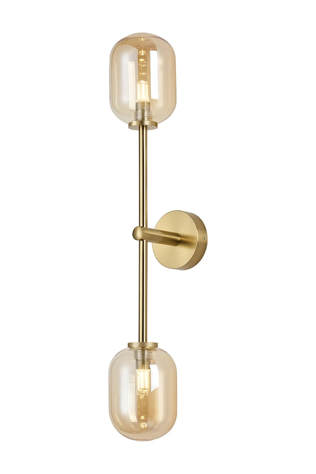 Whitley Tall Arm Wall Lamp 2 Light IP44 Brass Gold/Amber Smooth Tubular Glass