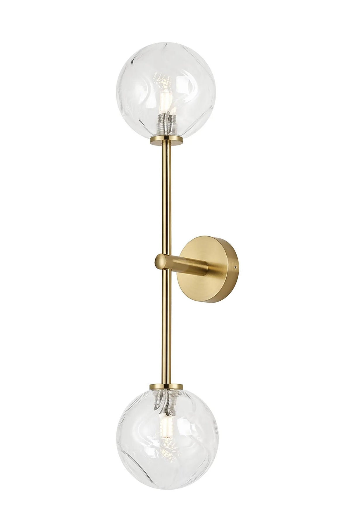 Whitley Tall Arm Wall Lamp 2 Light IP44 Brass Gold/Clear Waved Round Glass