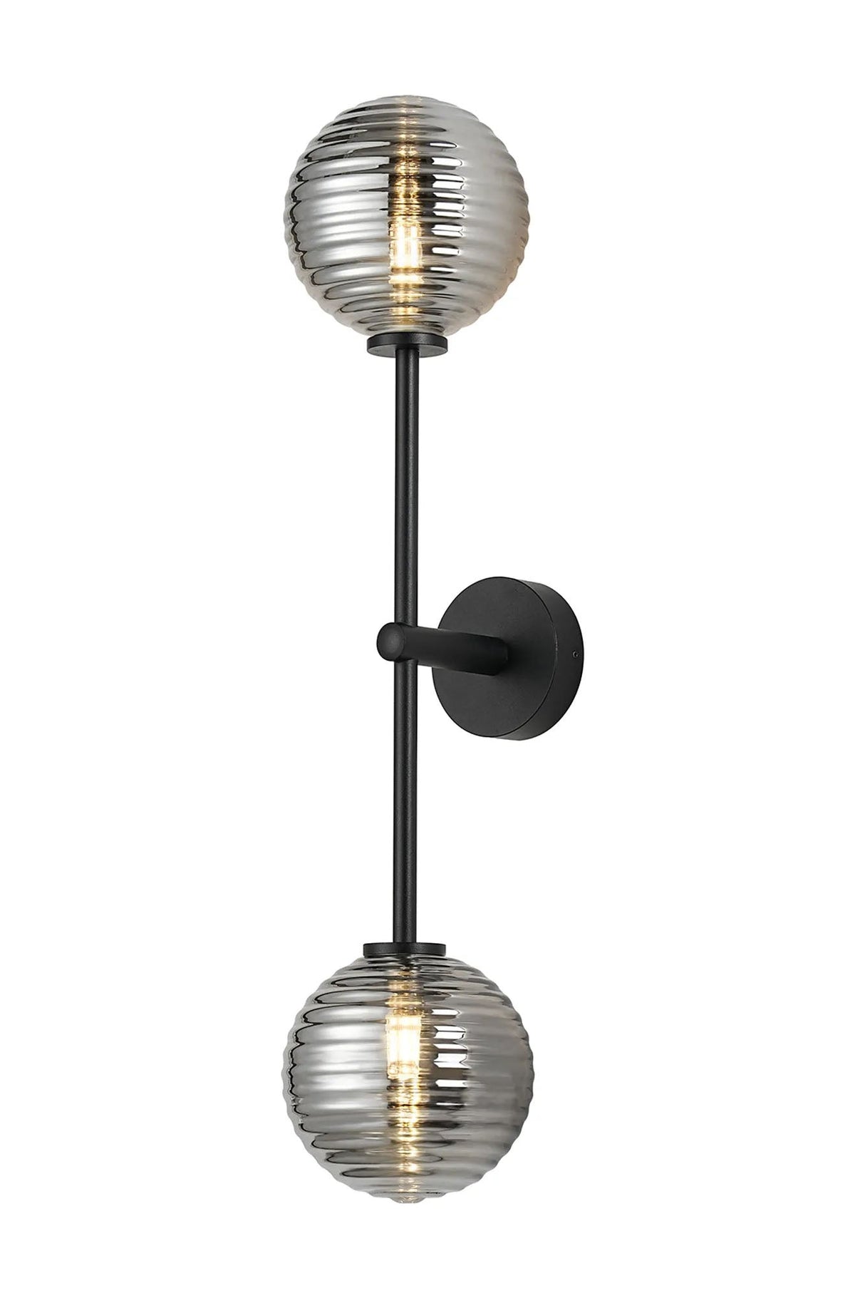 Whitley Tall Arm Wall Lamp 2 Light IP44 Satin Black/Smoke Ribbed Round Glass