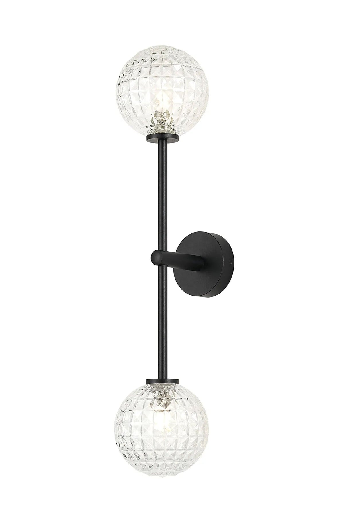 Whitley Tall Arm Wall Lamp 2 Light IP44 Satin Black/Clear Cross Pattern Round Glass