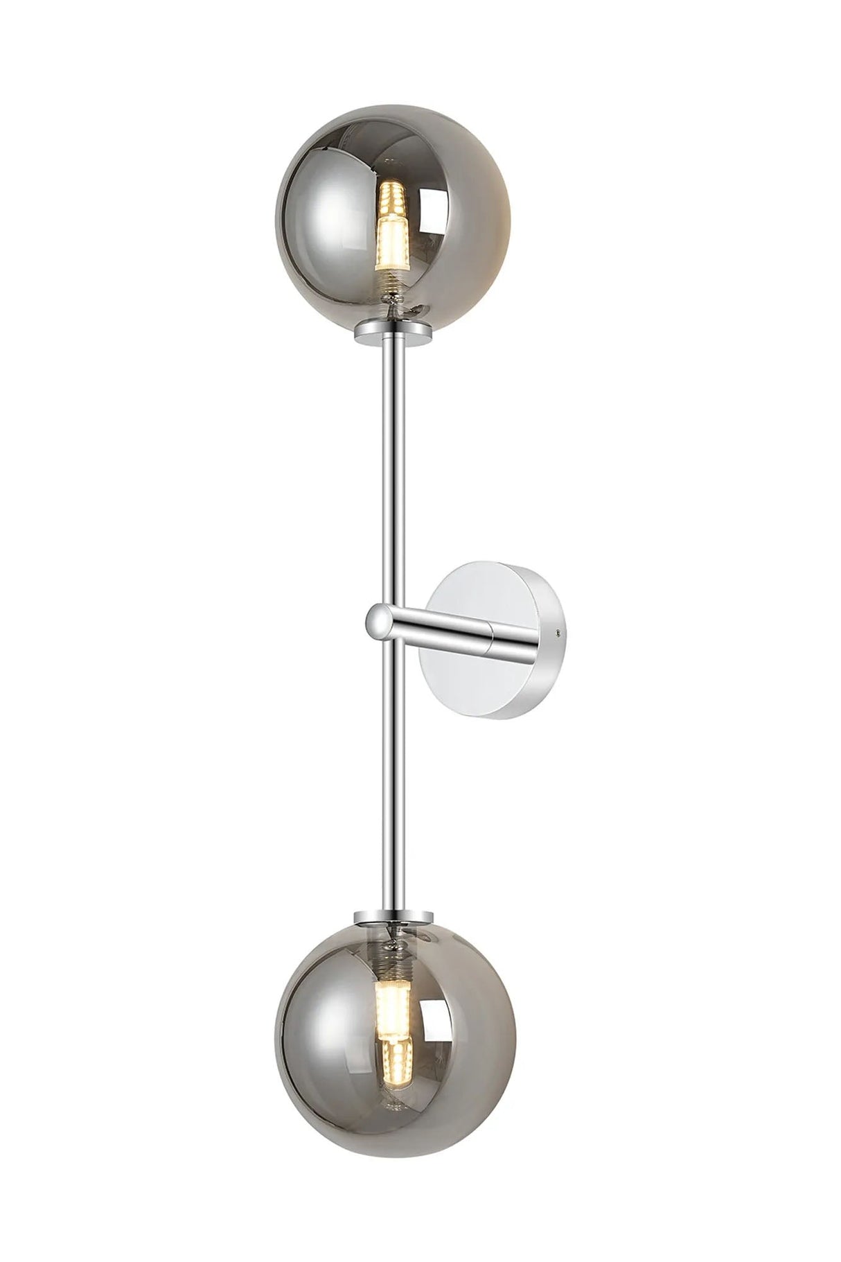 Whitley Tall Arm Wall Lamp 2 Light IP44 Polished Chrome/Smoke Smooth Round Glass